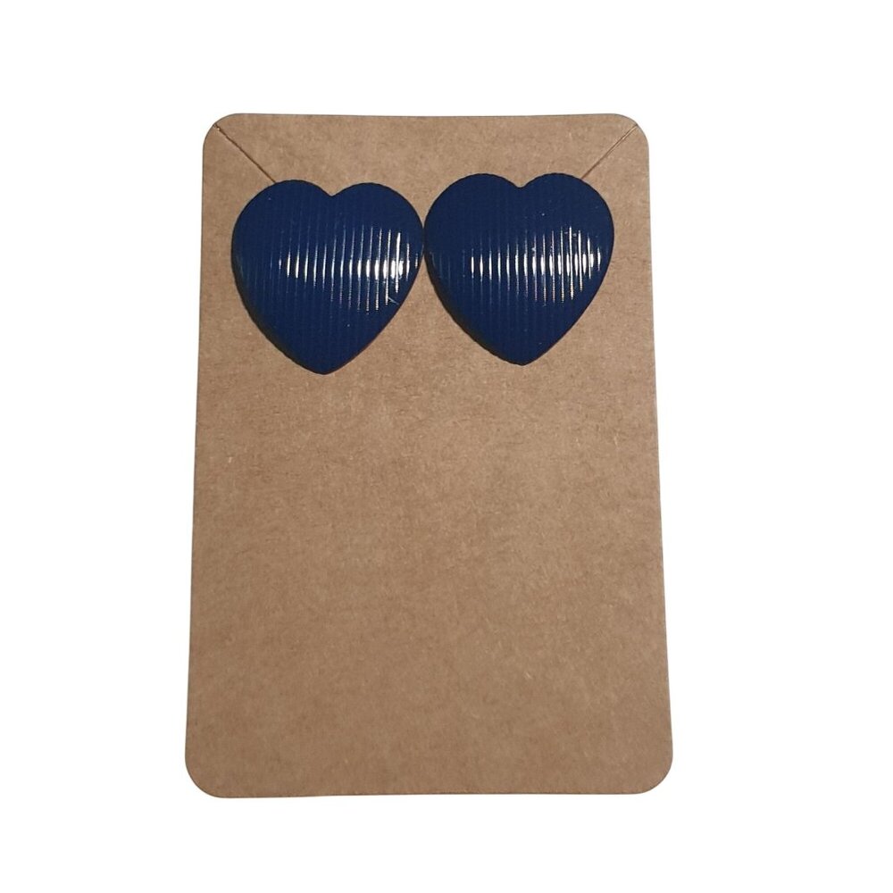 Navy Blue Heart Shaped Earrings Ribbed Texture Holiday Stud Love Vintage Gift